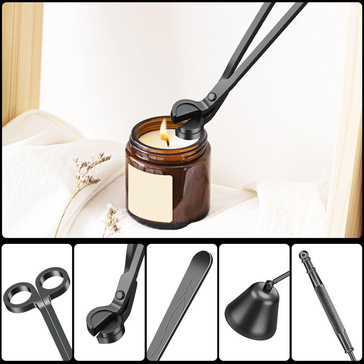 calary Candle Wick Trimmer, Candle Snuffer and Wick Dipper & Candle Accessory Set, 3 in 1 Candle Care Kit for Candle Lover